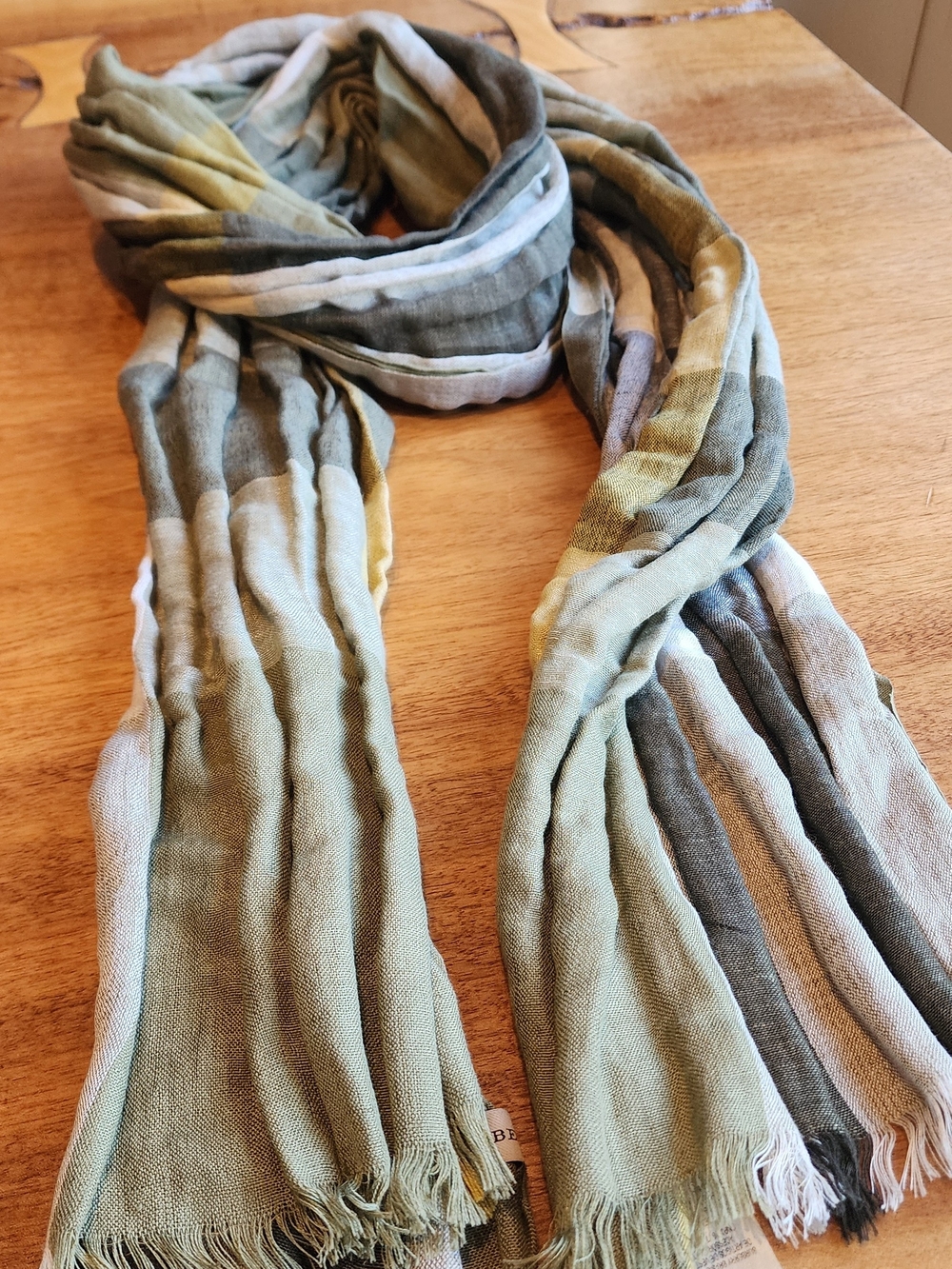 Burberry Striped Linen And Silk Crinkled Scarf - Olive, Gray & Cream - Picture 2 of 8